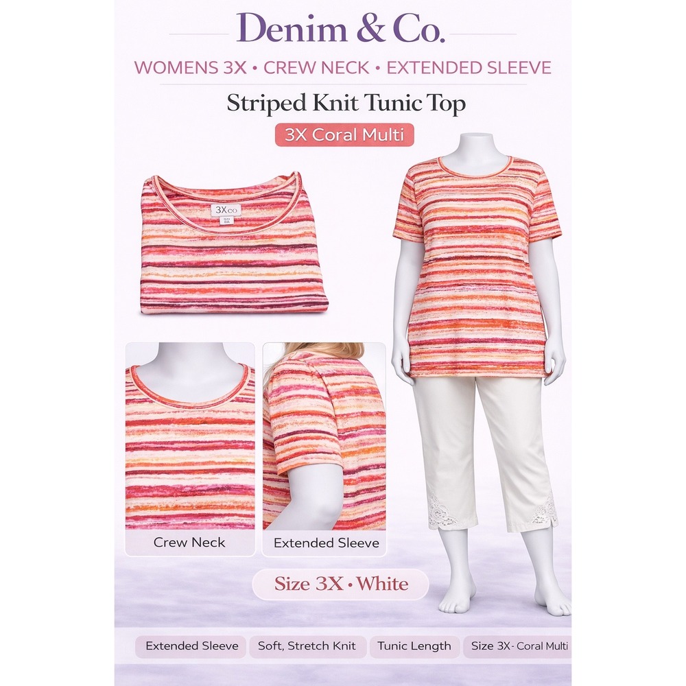 Denim &‎ Co Womens 3X Coral Multi Striped Knit Tunic Top Crew Neck A234553